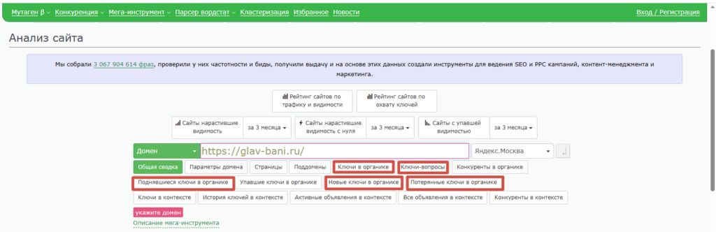 Отчёта по ключам конкурентов в органике, Мутаген