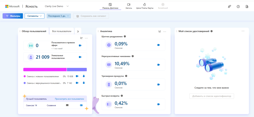 специализированный сервис для отслеживания поведенческих факторов Microsoft Clarity